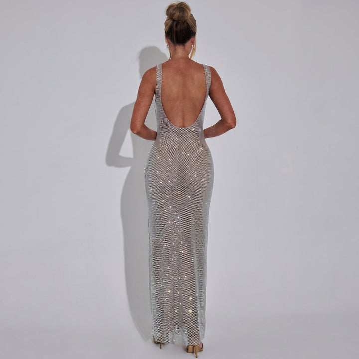 Ella - Women's Evening Sequin Square Neck Maxi Dress - Maxi Dress - Silver - Davies & Cooper