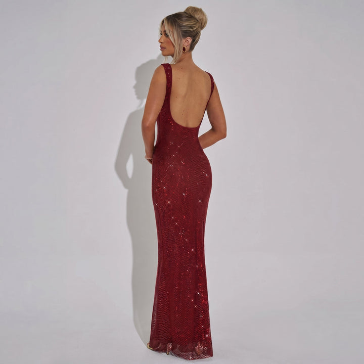 Ella - Women's Evening Sequin Square Neck Maxi Dress - Maxi Dress - Red - Davies & Cooper
