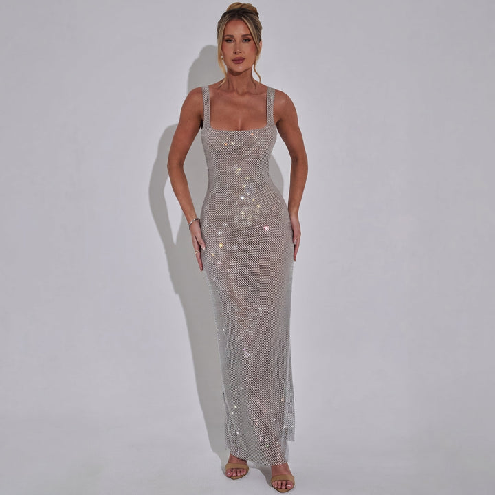 Ella - Women's Evening Sequin Square Neck Maxi Dress - Maxi Dress - Silver - Davies & Cooper