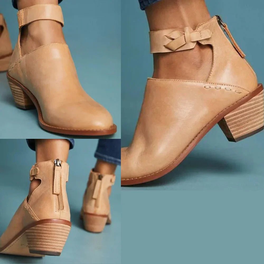 Ellie - Women's Block Heel Ankle Boots with Buckle Strap and Open-Side Cut - Boots - Beige - Davies & Cooper