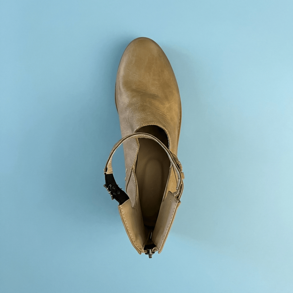 Ellie - Women's Block Heel Ankle Boots with Buckle Strap and Open-Side Cut - Boots - Beige - Davies & Cooper