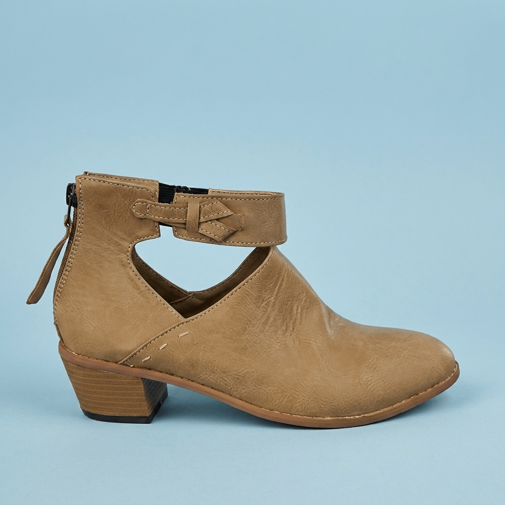 Ellie - Women's Block Heel Ankle Boots with Buckle Strap and Open-Side Cut - Boots - Beige - Davies & Cooper