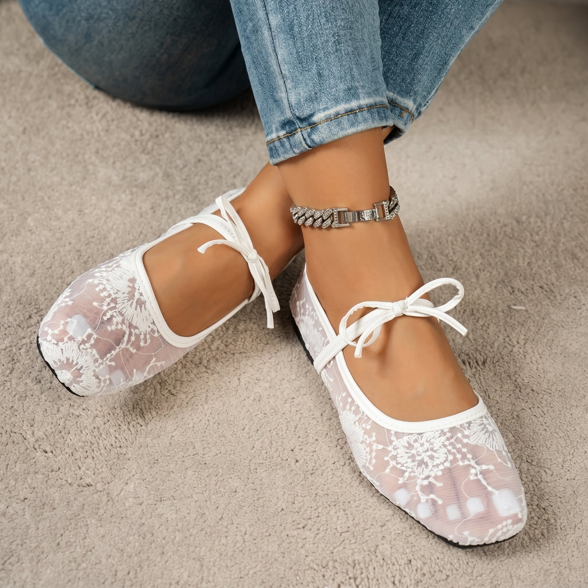 Ellie - Women's Bow Strap Square Toe Mary Jane Flats - Sandals - White - Davies & Cooper