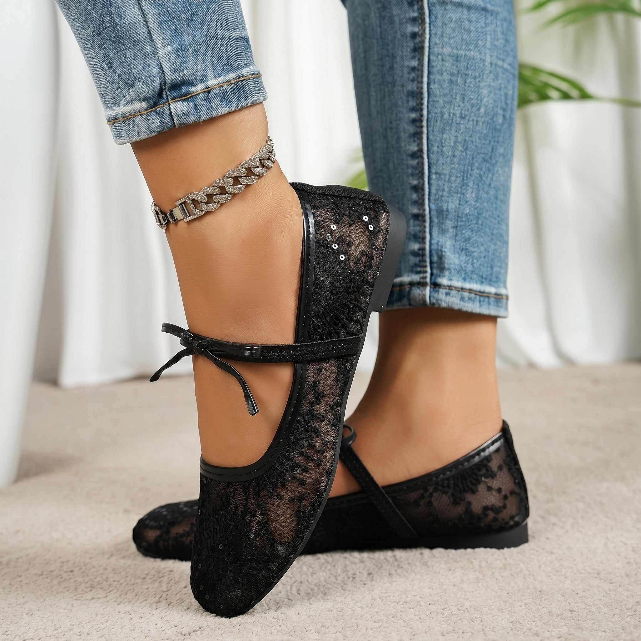 Ellie - Women's Bow Strap Square Toe Mary Jane Flats - Sandals - Black - Davies & Cooper