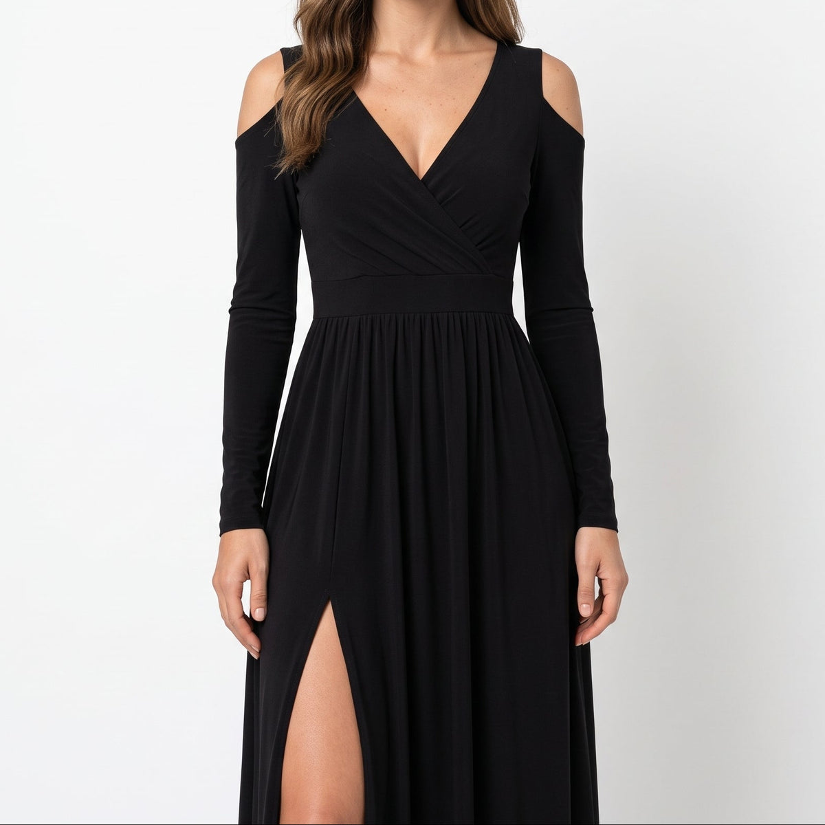 Elora - Women's Evening Wrap Maxi Dress with Cold Shoulder and Thigh Split - Dresses - Black - Davies & Cooper