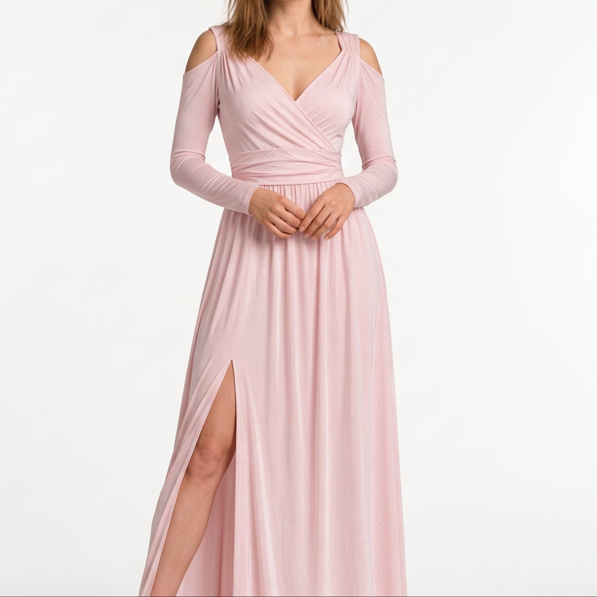 Elora - Women's Evening Wrap Maxi Dress with Cold Shoulder and Thigh Split - Dresses - Pink - Davies & Cooper