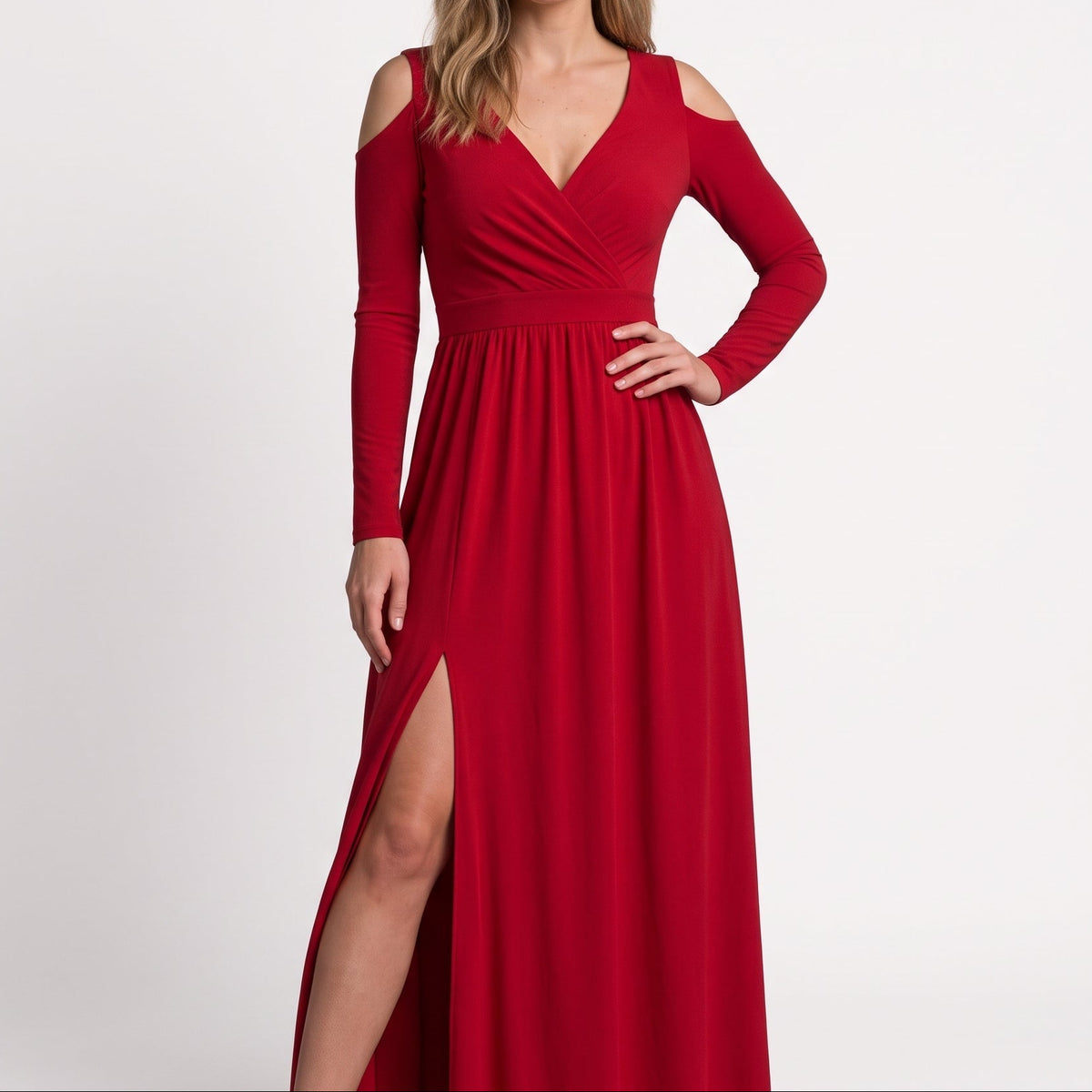 Elora - Women's Evening Wrap Maxi Dress with Cold Shoulder and Thigh Split - Dresses - Red - Davies & Cooper