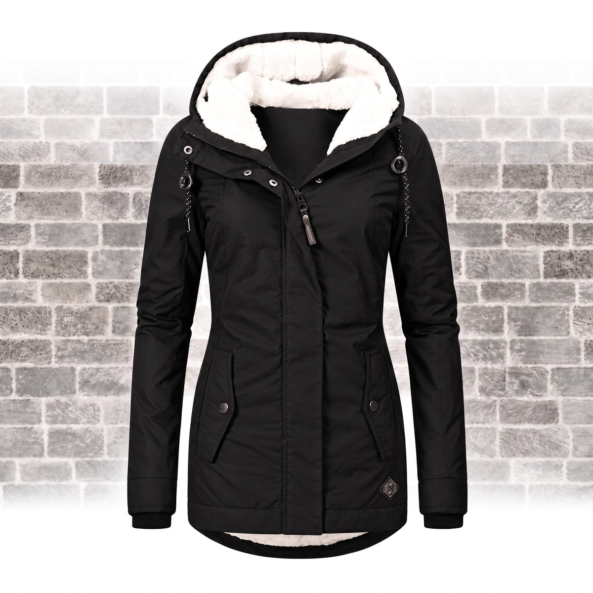 Elsie - Women's Hooded Parka Jacket with Faux Fur Lining and Quilted Pockets - Coats & Jackets - Black - Davies & Cooper