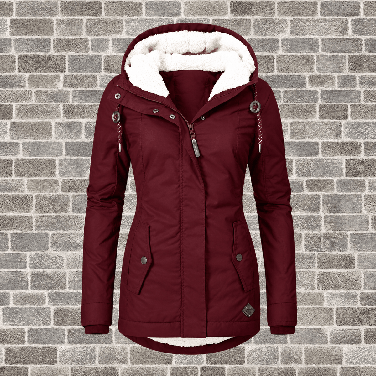 Elsie - Women's Hooded Parka Jacket with Faux Fur Lining and Quilted Pockets - Coats & Jackets - Wine Red - Davies & Cooper