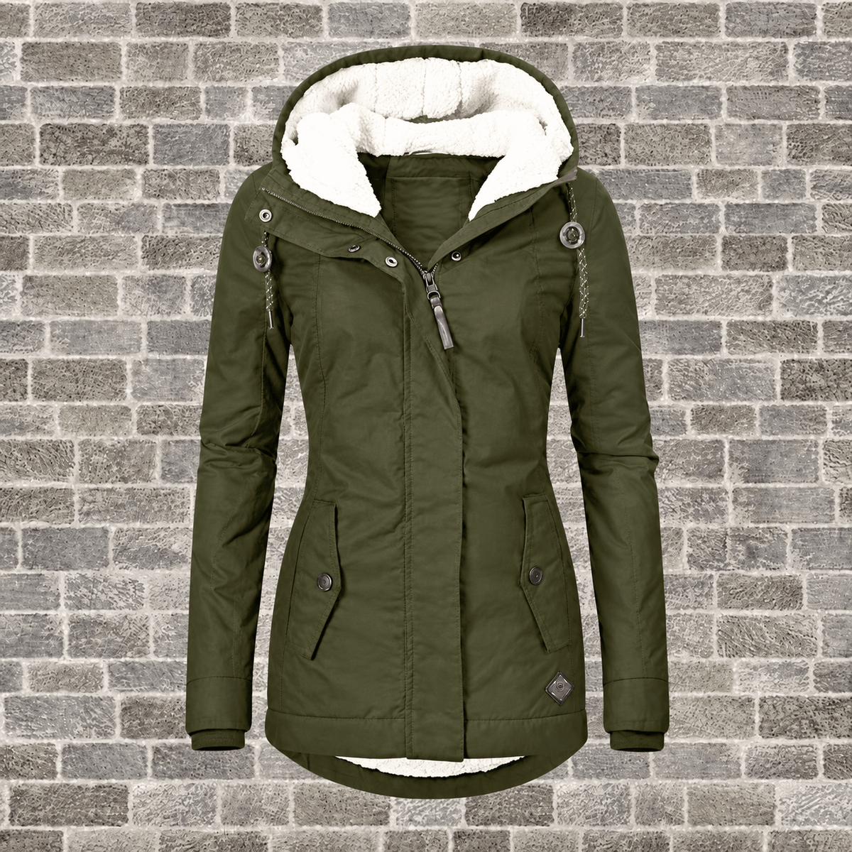 Elsie - Women's Hooded Parka Jacket with Faux Fur Lining and Quilted Pockets - Coats & Jackets - Army Green - Davies & Cooper