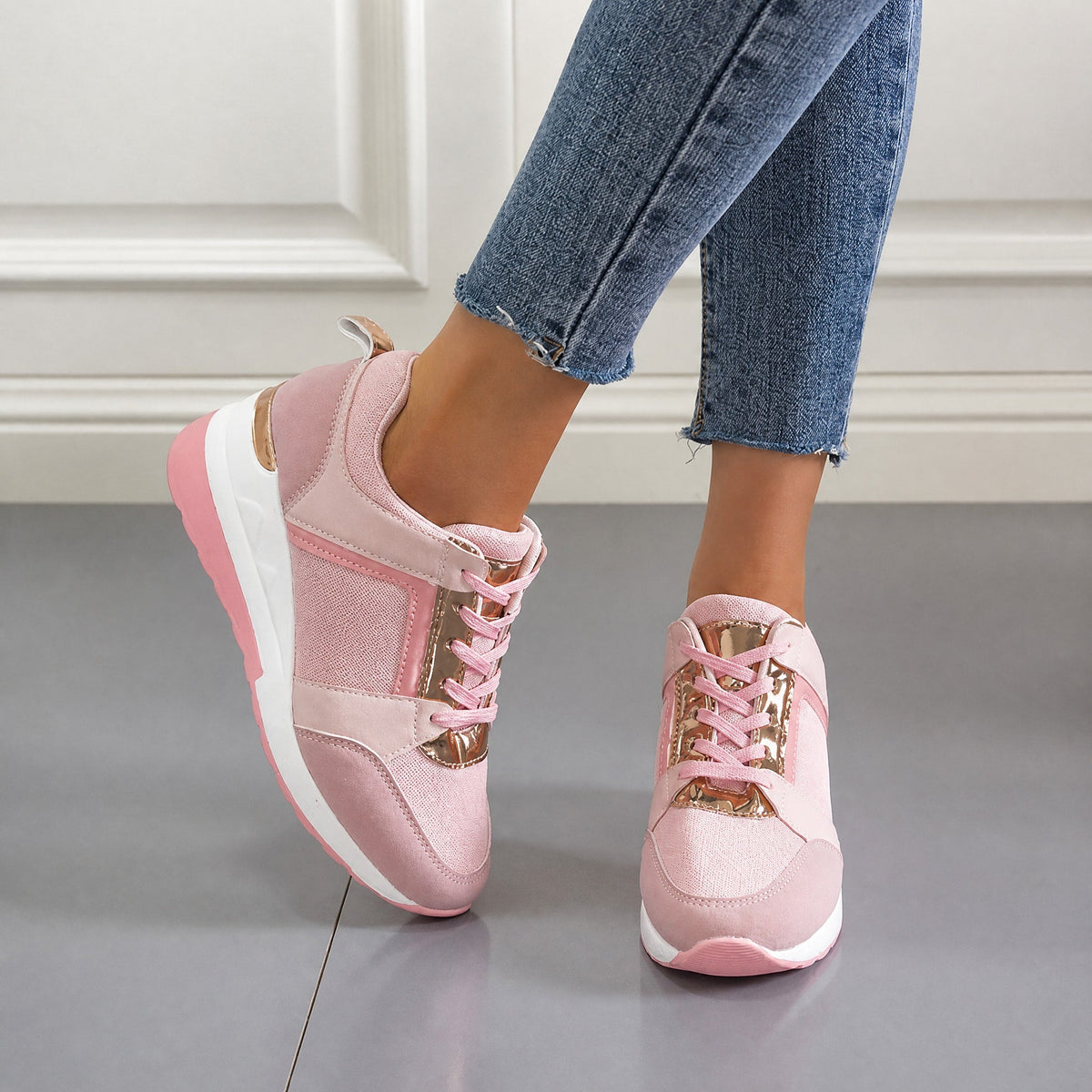 Elsie - Women's Orthopaedic Wedge Trainers with Metallic Panel - Sneakers - Pink - Davies & Cooper