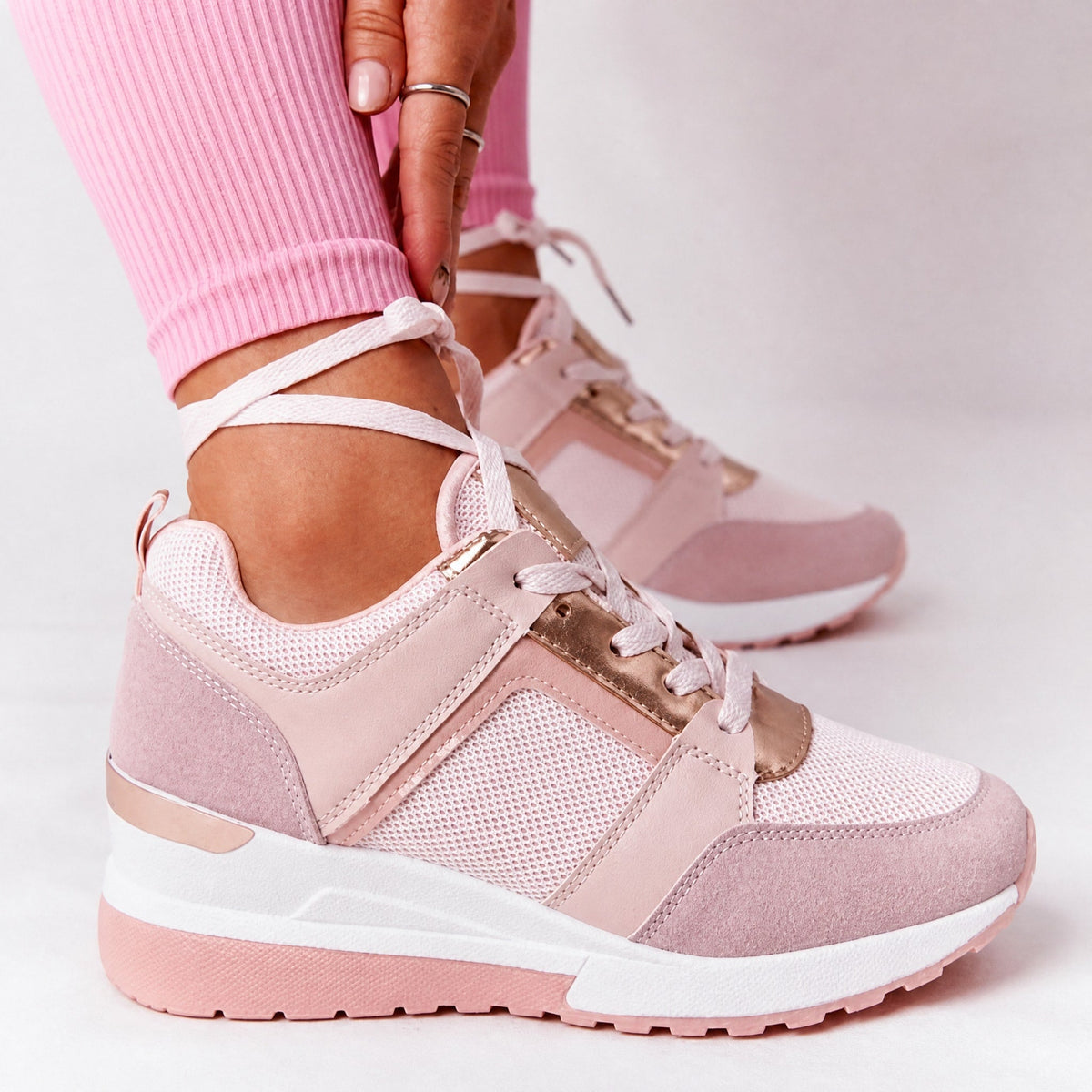 Elsie - Women's Orthopaedic Wedge Trainers with Metallic Panel - Sneakers - Pink - Davies & Cooper