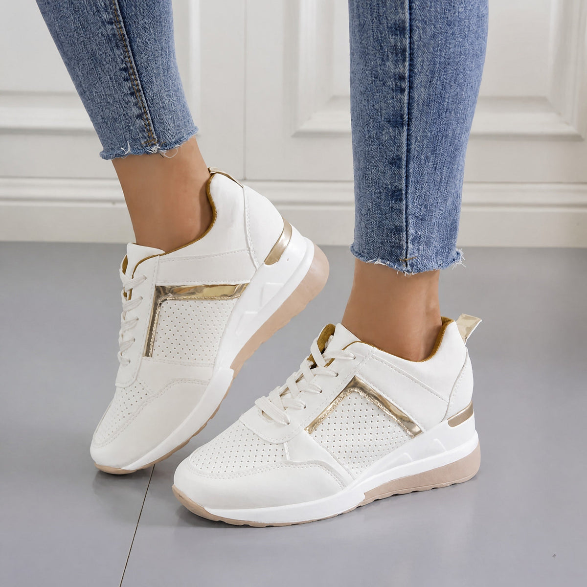 Elsie - Women's Orthopaedic Wedge Trainers with Metallic Panel - Sneakers - White - Davies & Cooper