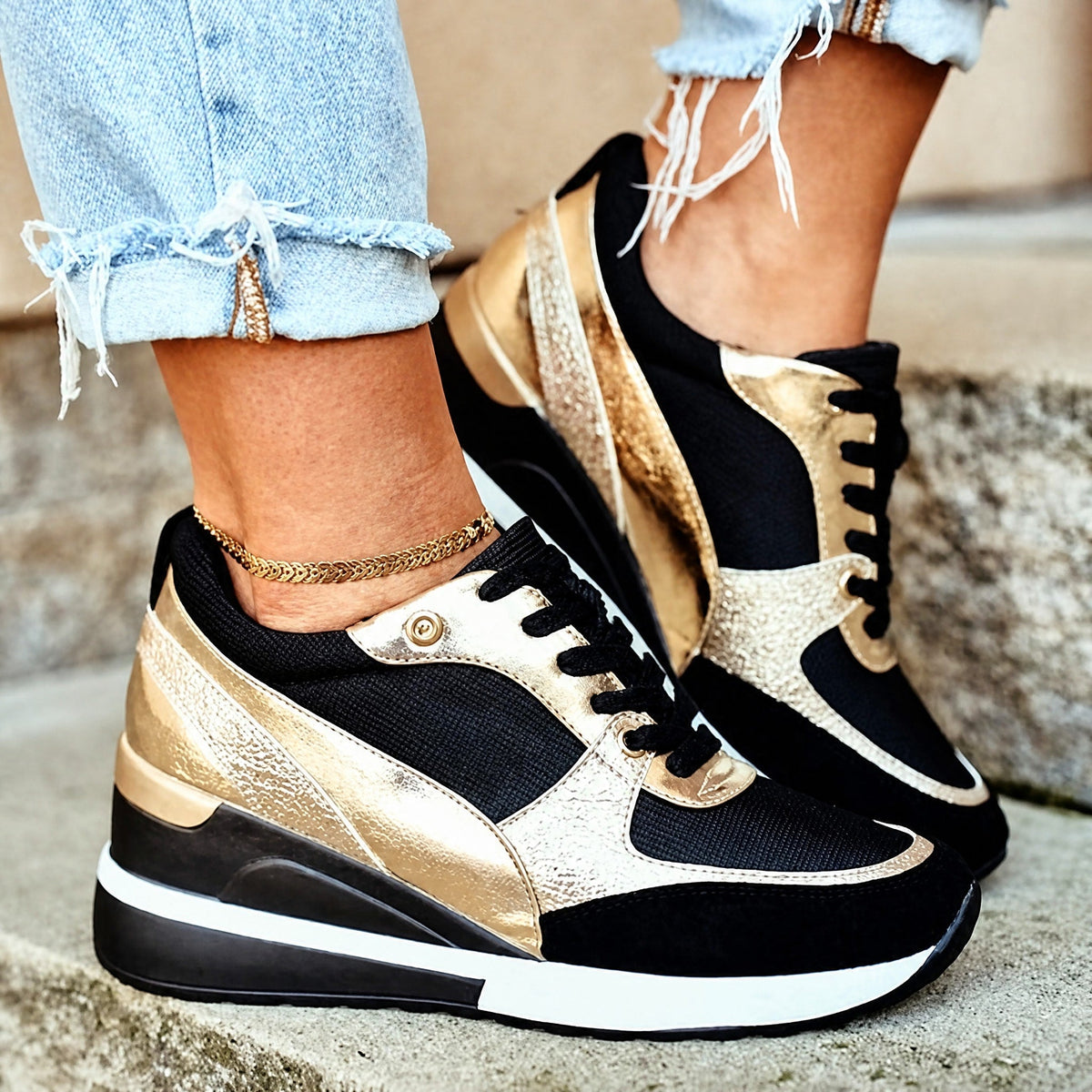 Elsie - Women's Orthopaedic Wedge Trainers with Metallic Panel - Sneakers - Black - Davies & Cooper