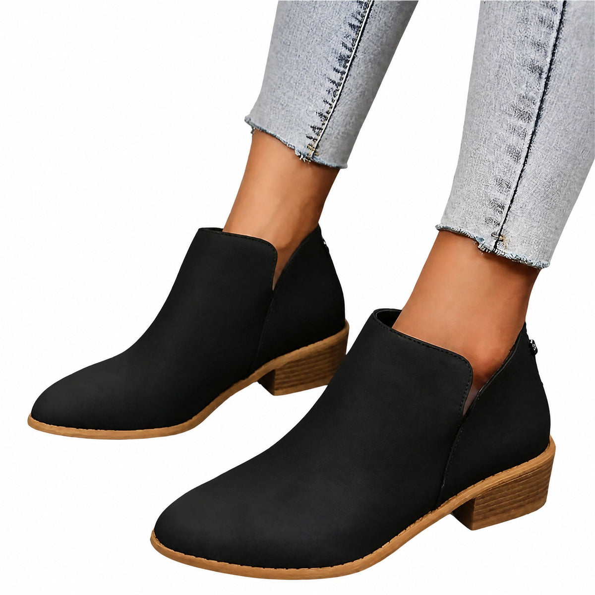 Emily - Women's Block Heel Ankle Boots with Side Cut-Out Detail and Zip Closure - Boots - Black - Davies & Cooper