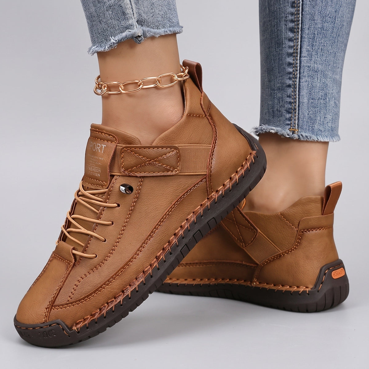 Emily - Women's Orthopaedic Lace-Up Trainers with Buckle Strap - Sneakers - Brown - Davies & Cooper