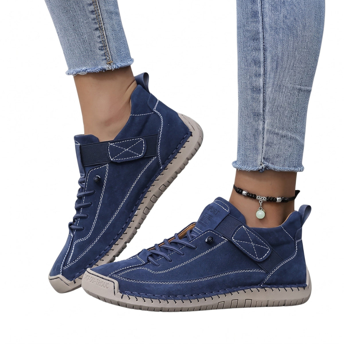 Emily - Women's Orthopaedic Lace-Up Trainers with Buckle Strap - Sneakers - Blue - Davies & Cooper