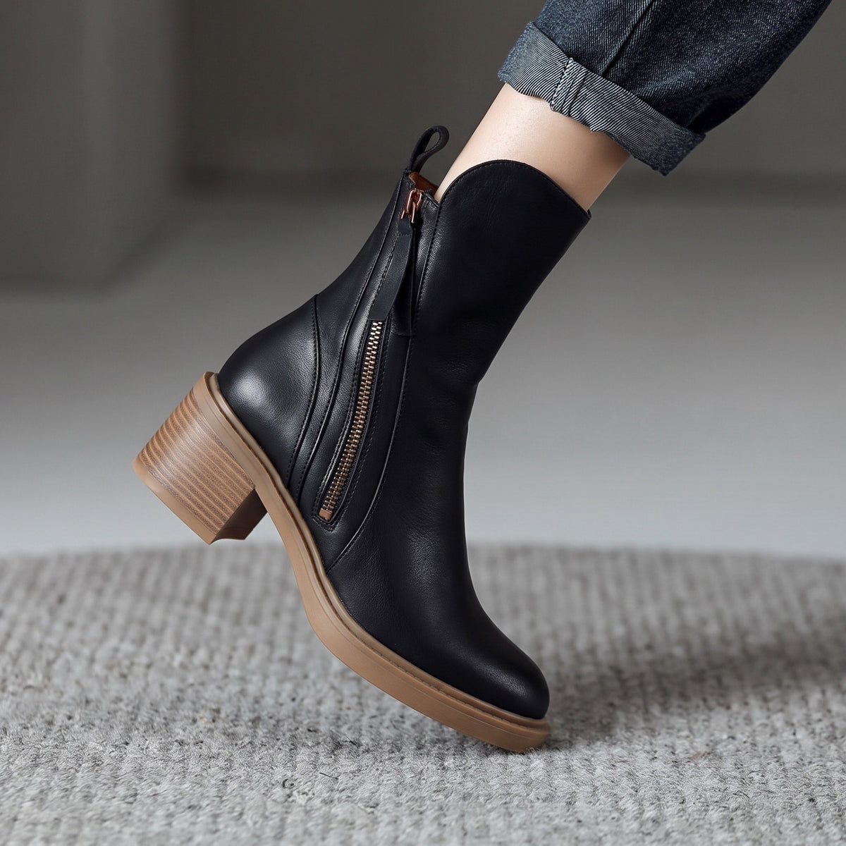 Emma - Women's Block Heel Ankle Boots with Double Zip - Boots - Black - Davies & Cooper