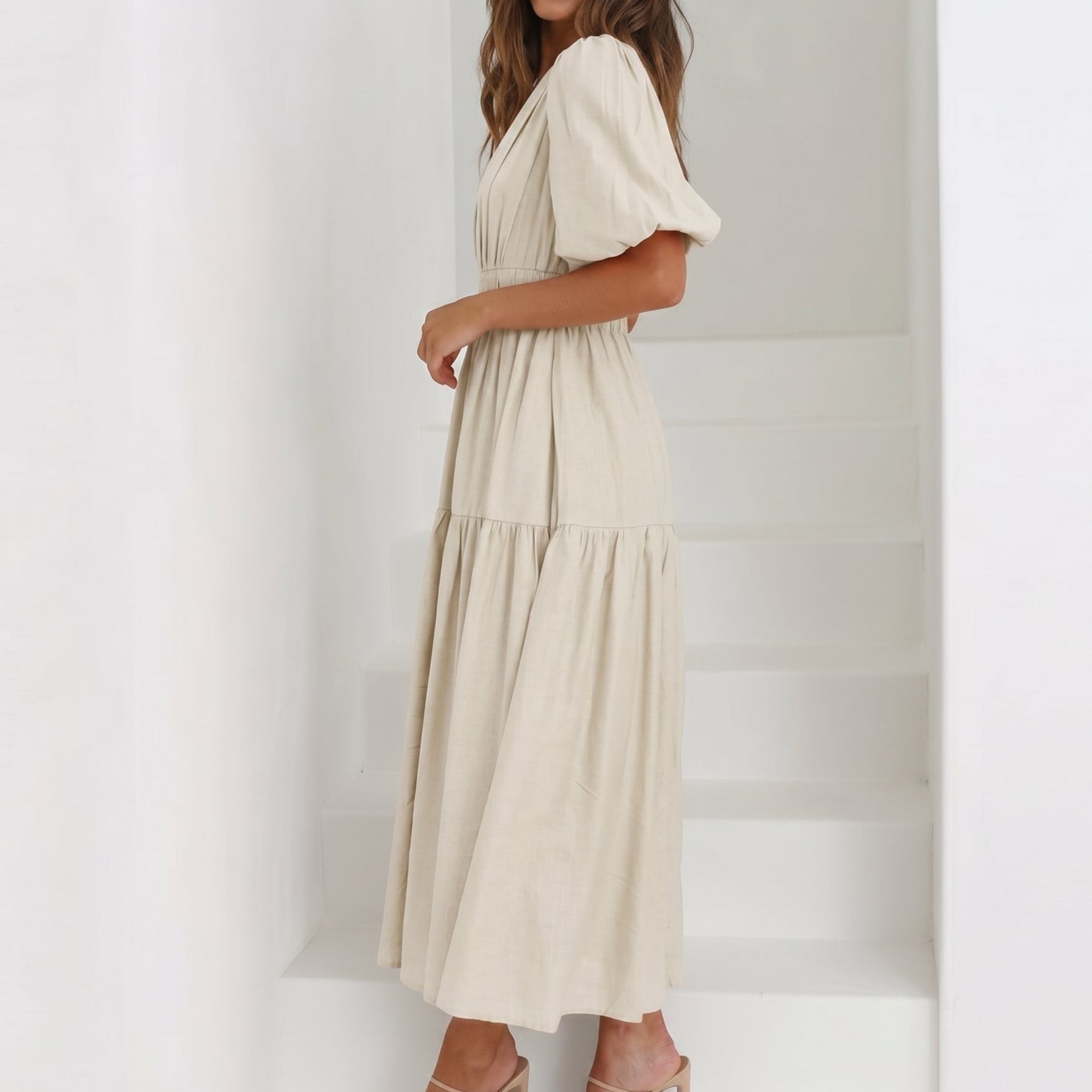 Emma - Women's Summer Puff Sleeve Midi Dress - Maxi Dresses - Cream - Davies & Cooper