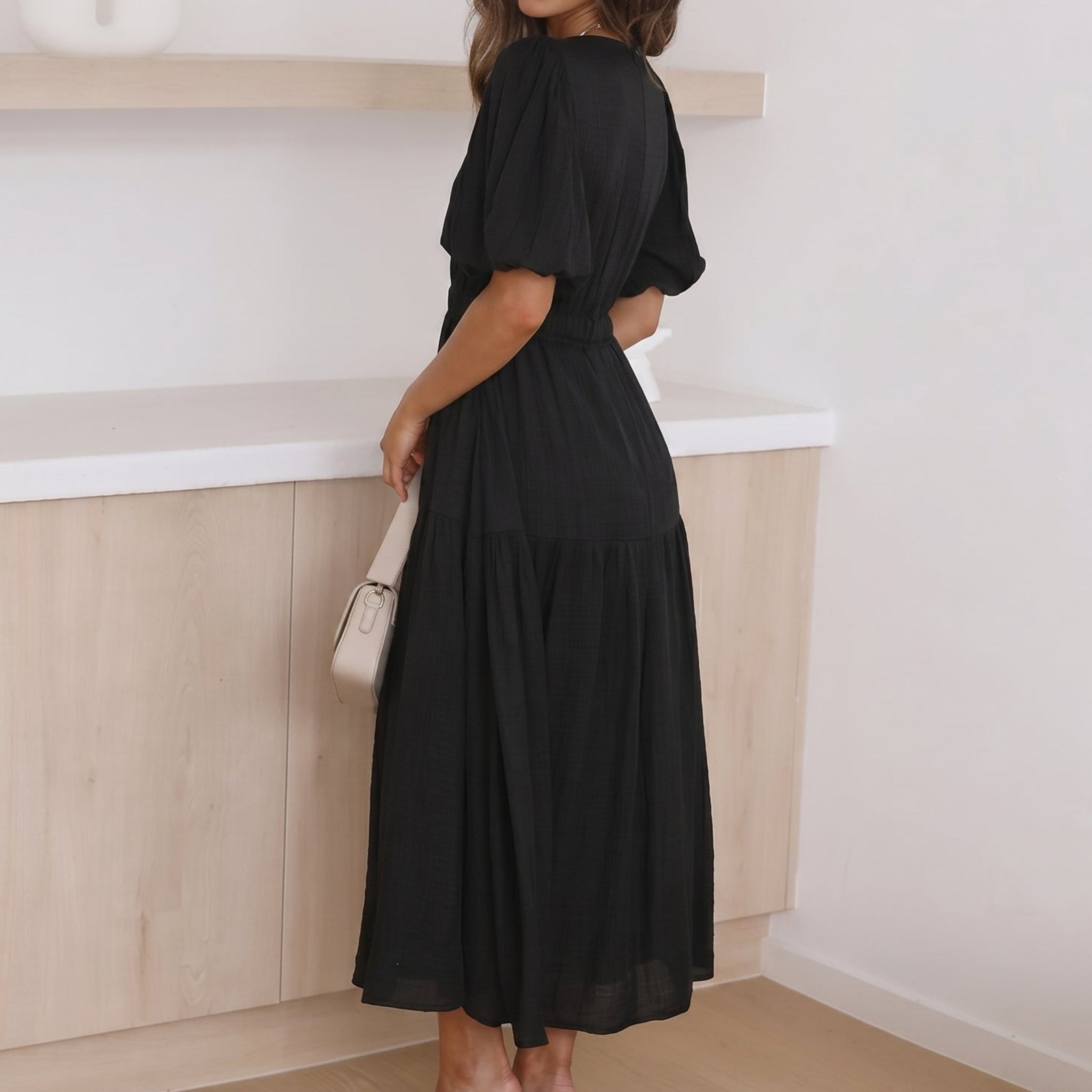 Emma - Women's Summer Puff Sleeve Midi Dress - Maxi Dresses - Black - Davies & Cooper