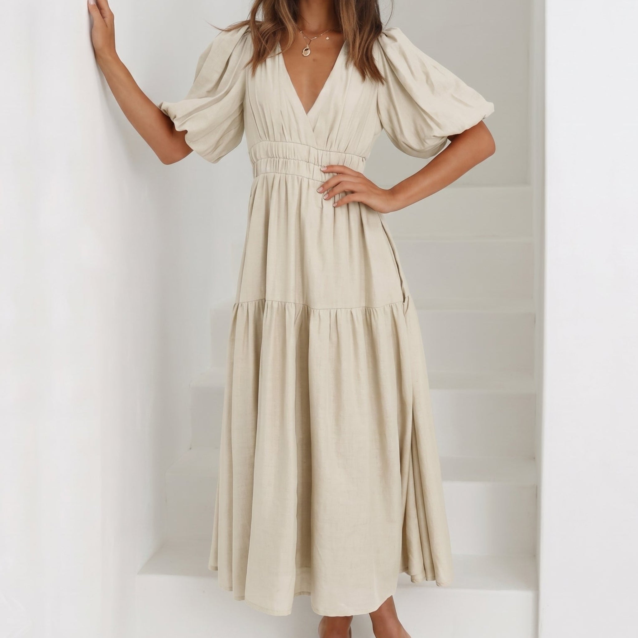 Emma - Women's Summer Puff Sleeve Midi Dress - Maxi Dresses - Cream - Davies & Cooper