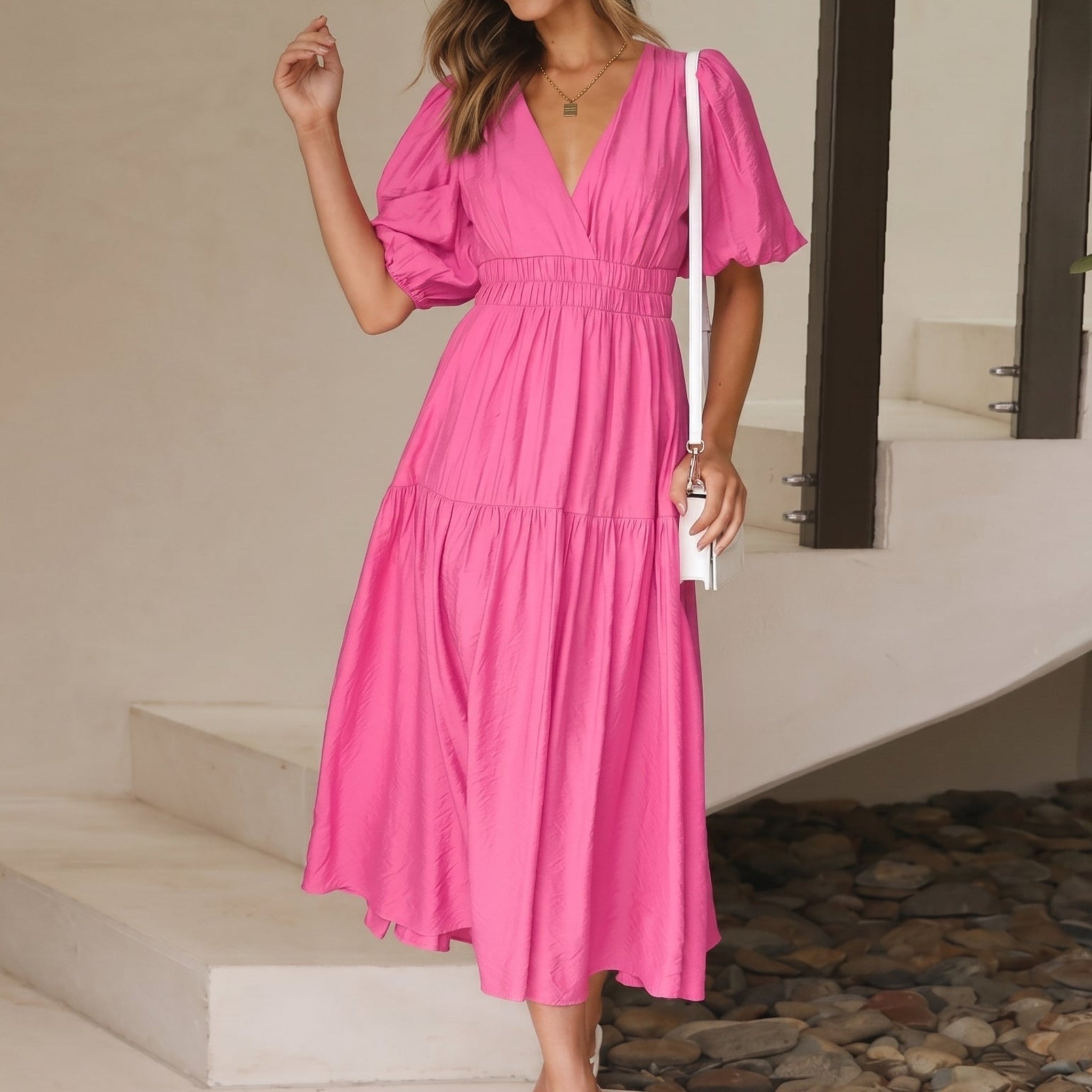 Emma - Women's Summer Puff Sleeve Midi Dress - Maxi Dresses - Pink - Davies & Cooper