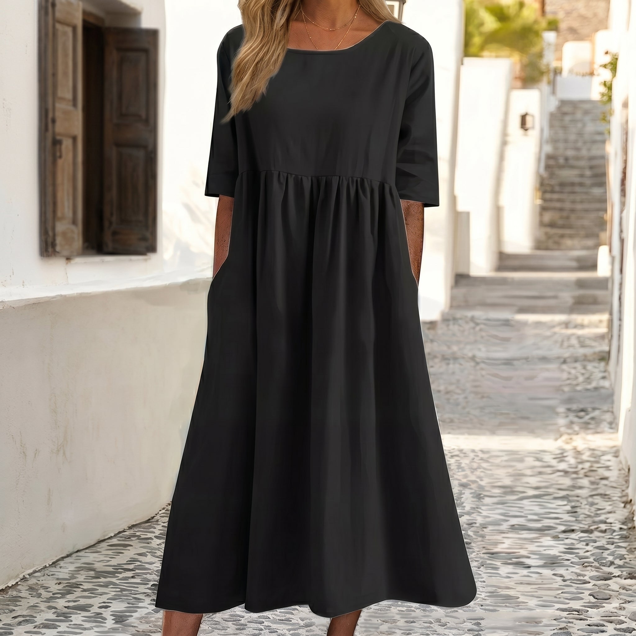 Emma - Women's Summer Relaxed Fit Pleated Maxi Dress - Maxi Dresses - Black - Davies & Cooper
