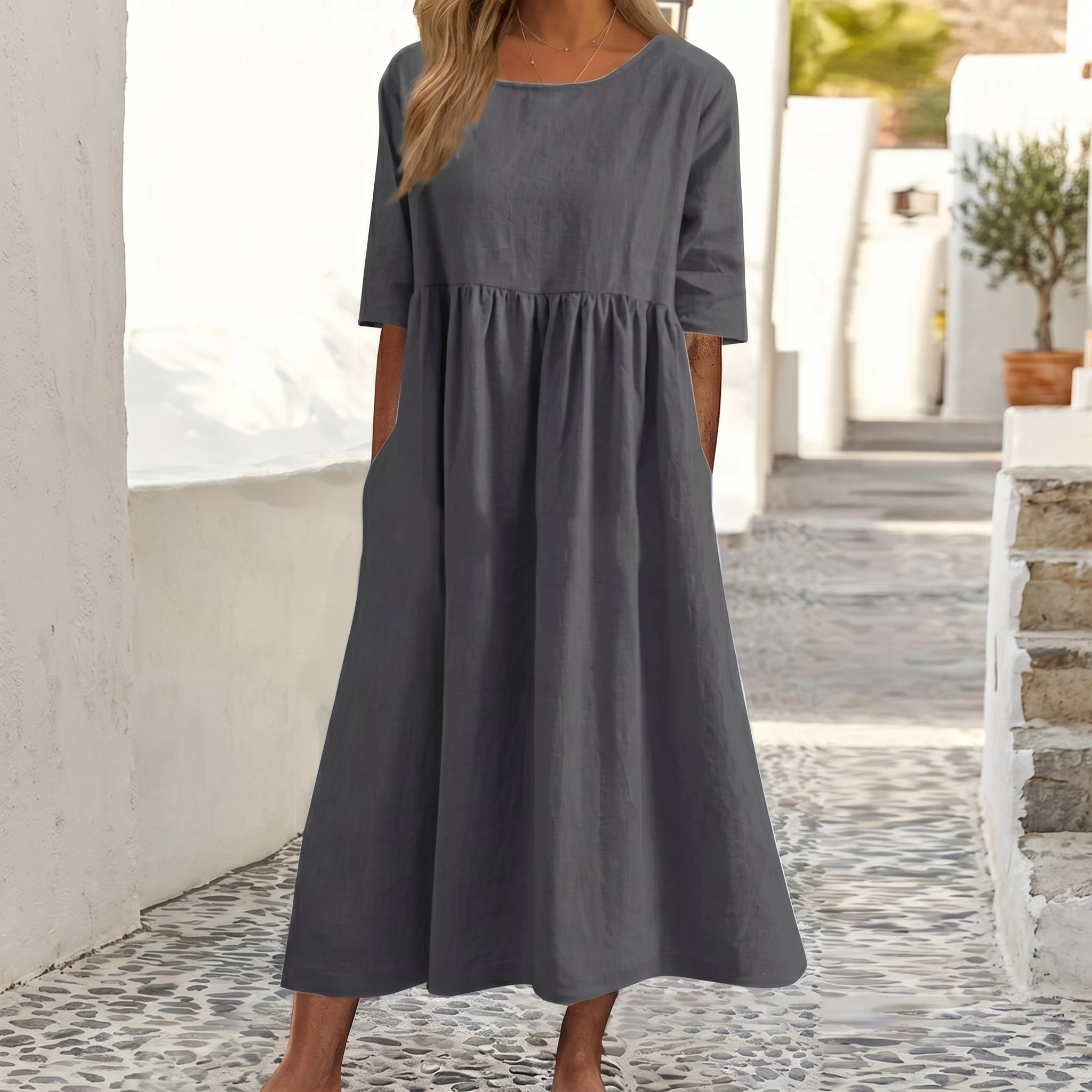 Emma - Women's Summer Relaxed Fit Pleated Maxi Dress - Maxi Dresses - Grey - Davies & Cooper