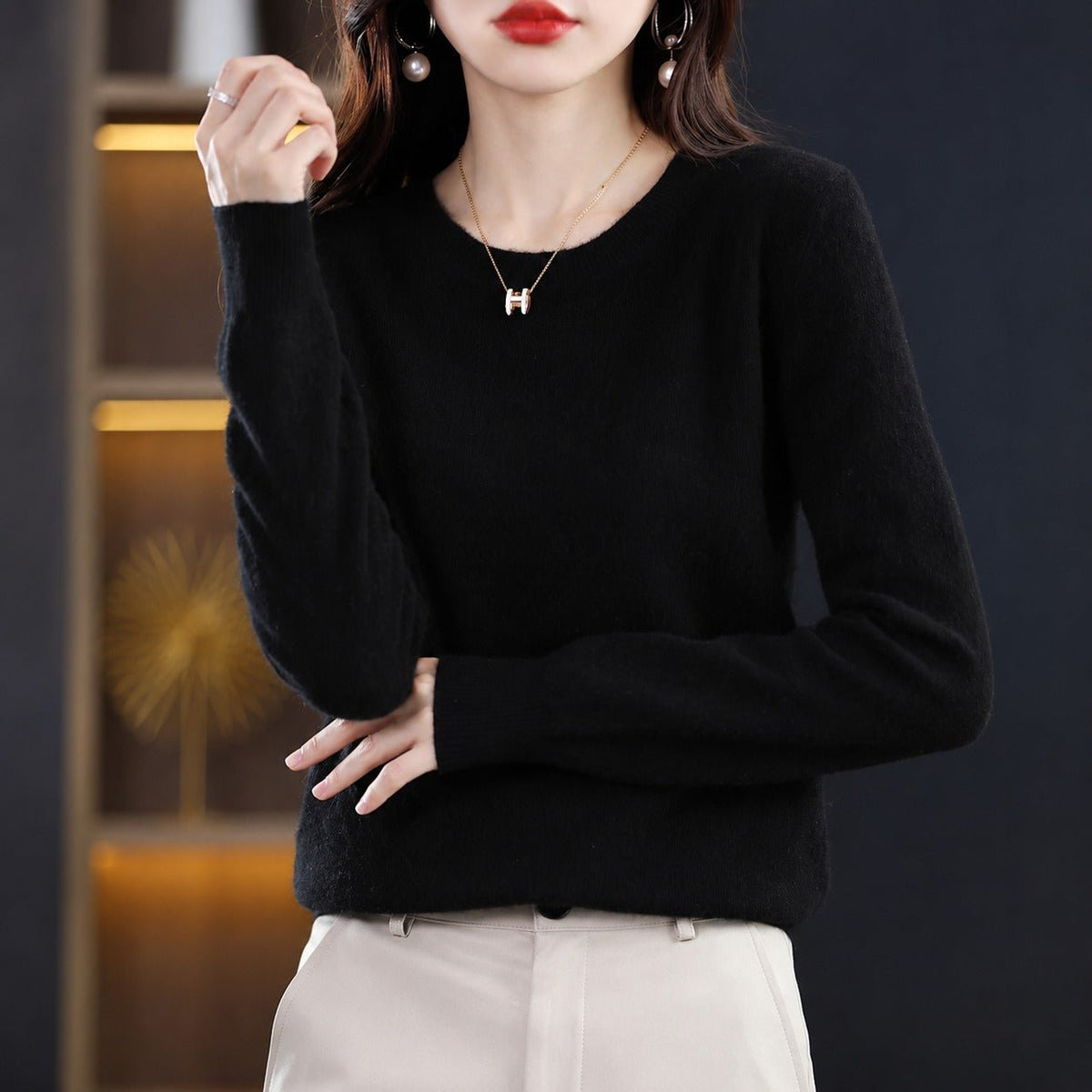 Erica - Women's Round Neck Knit Jumper with Long Sleeves - Sweaters - Black - Davies & Cooper