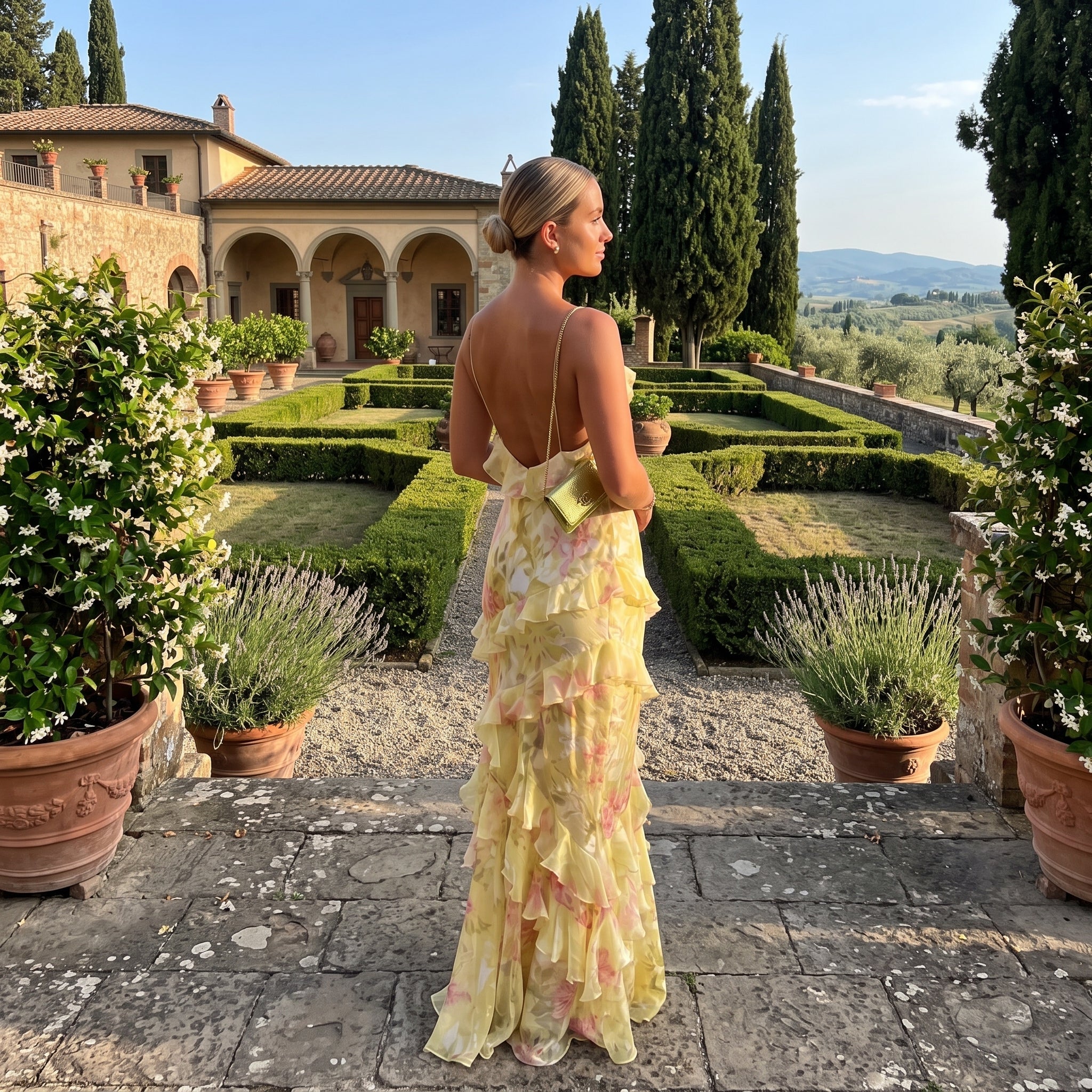 Esmeralda - Women's Wedding Guest Ruffle Maxi Dress - Maxi Dress - Yellow - Davies & Cooper