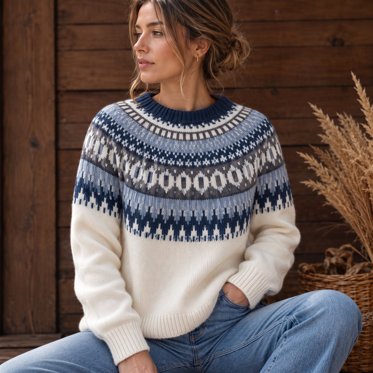 Estelle - Women's Fair Isle Knit Crew Neck Jumper - Sweaters - White - Davies & Cooper