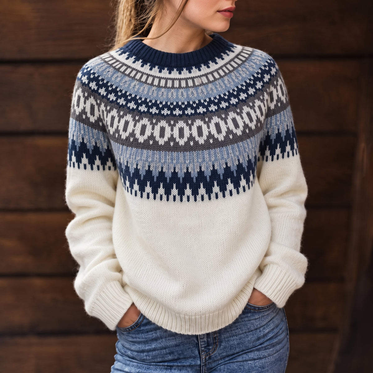 Estelle - Women's Fair Isle Knit Crew Neck Jumper - Sweaters - White - Davies & Cooper