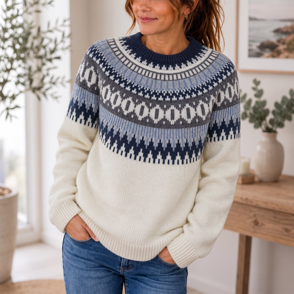 Estelle - Women's Fair Isle Knit Crew Neck Jumper - Sweaters - White - Davies & Cooper