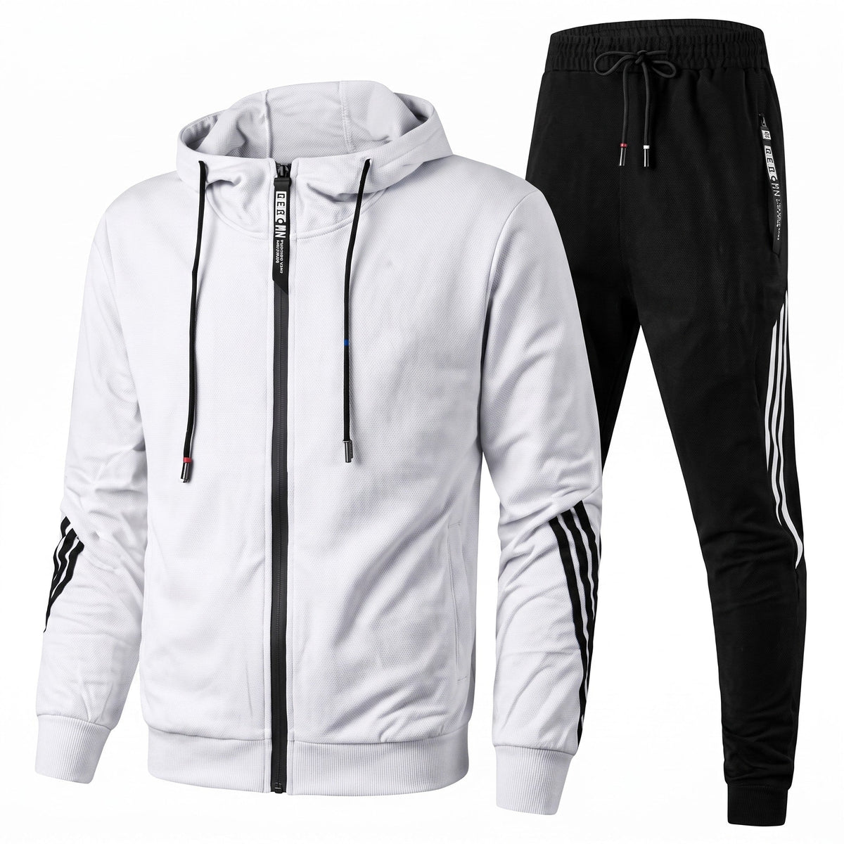 Etienne - Men's Hooded Zip-Up Tracksuit with Side Stripe Detail - Outfit Sets - White - Davies & Cooper