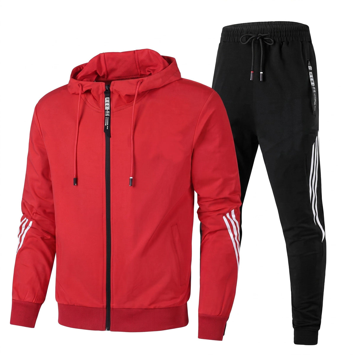 Etienne - Men's Hooded Zip-Up Tracksuit with Side Stripe Detail - Outfit Sets - Red - Davies & Cooper
