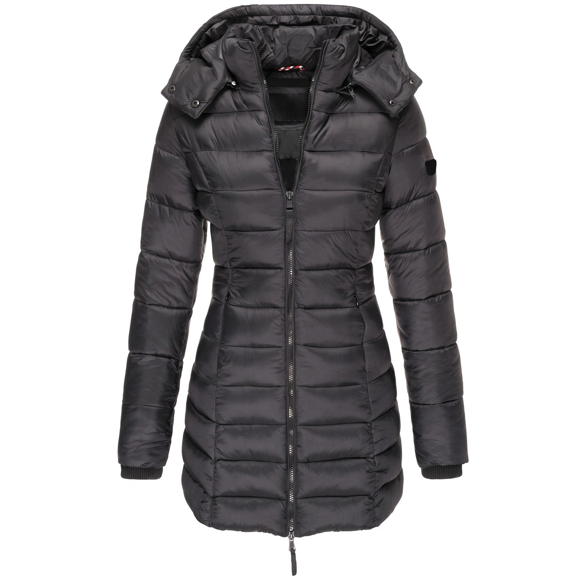 Evelyn - Women's Hooded Longline Quilted Parka Jacket with Drawstring Hem - Parka Jacket - Black - Davies & Cooper