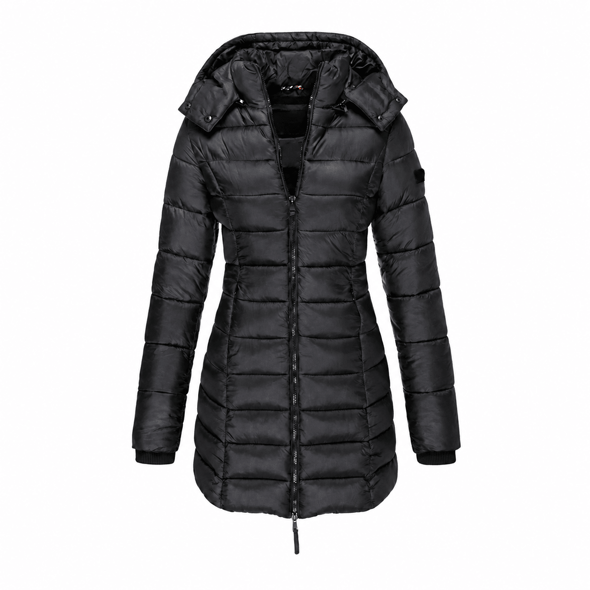 Evelyn - Women's Hooded Longline Quilted Parka Jacket with Drawstring Hem - Parka Jacket - Black - Davies & Cooper