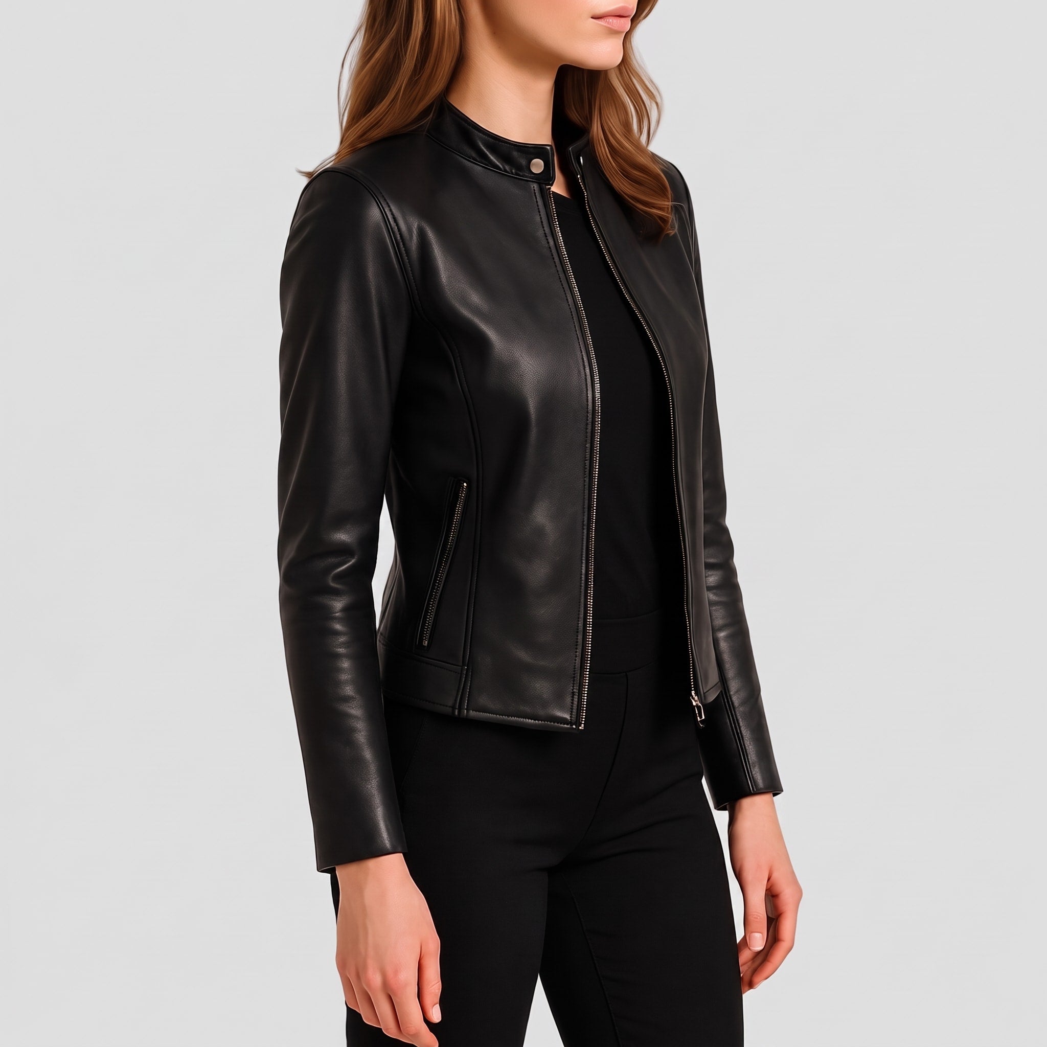 Sophie - Women's Fitted Zip-Up Biker Jacket with Snap Collar