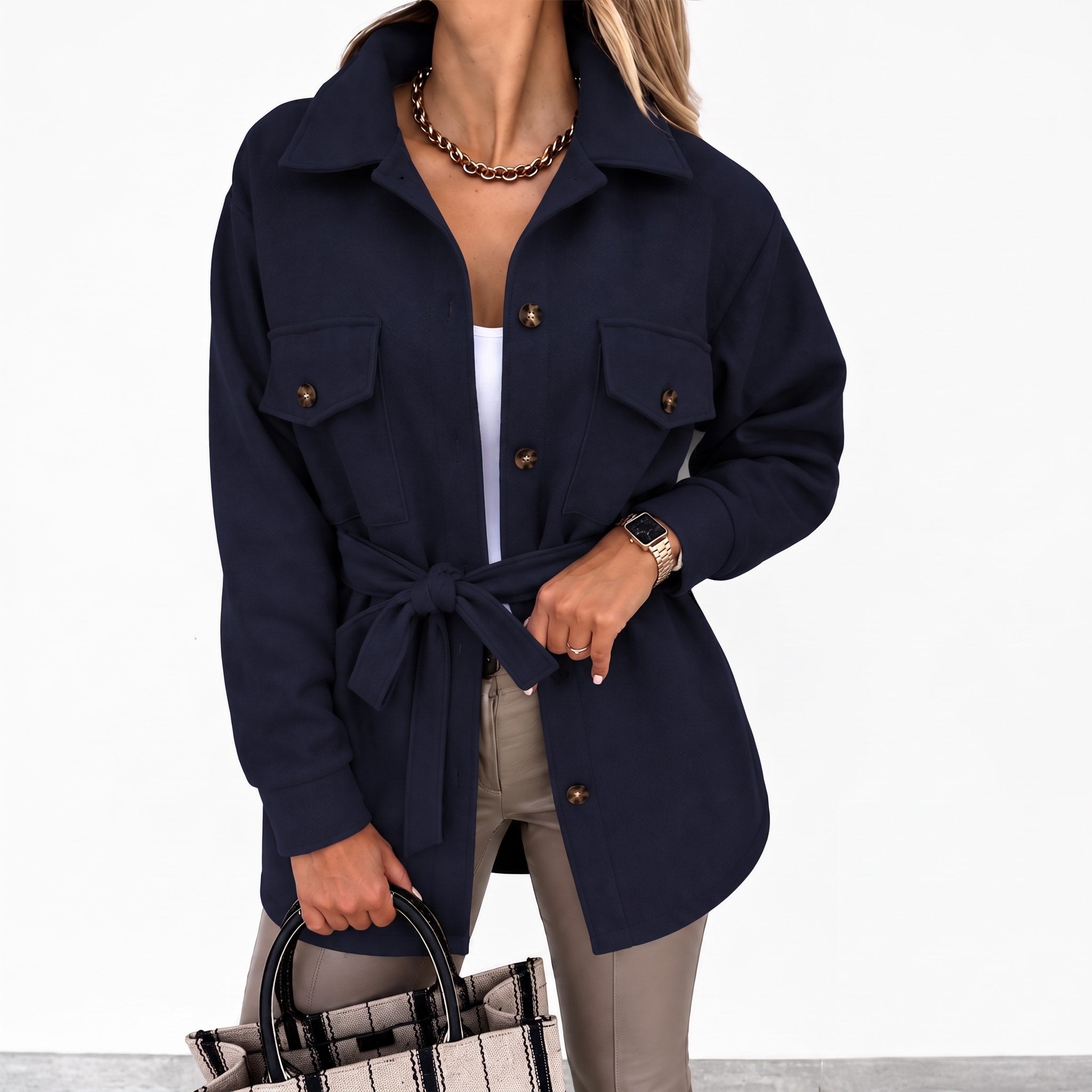 Sophie - Women's Oversized Button-Front Shirt Jacket with Flap Pockets