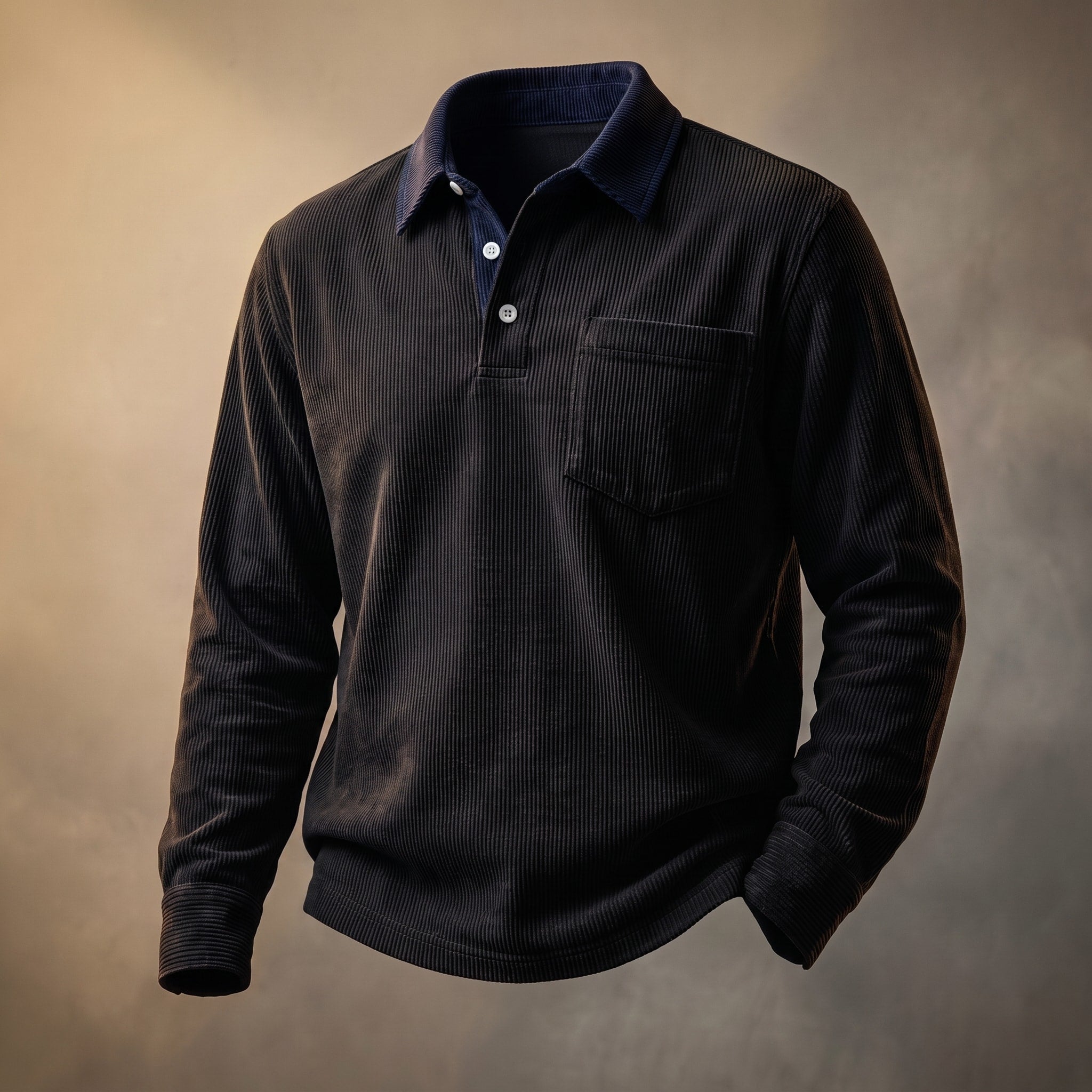 Oliver - Men's Long Sleeve Ribbed Polo Shirt with Chest Pocket and Contrast Collar
