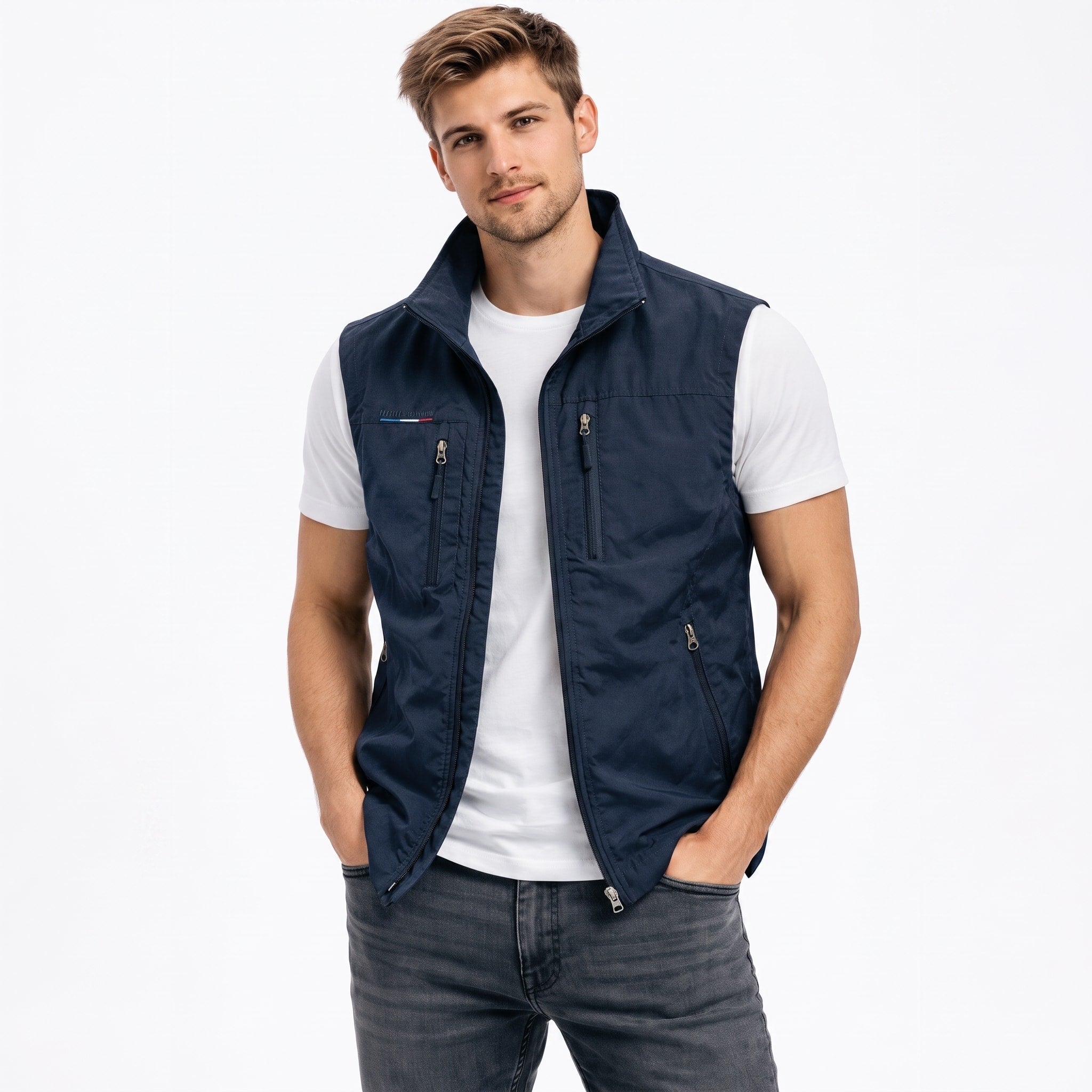 James - Men's Zip-Up Gilet with Multiple Pockets and Stand Collar