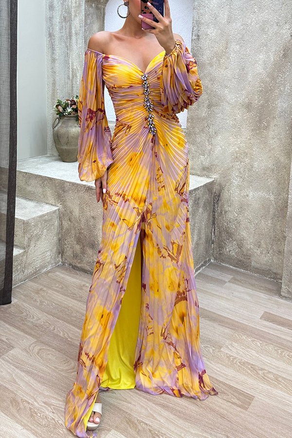 Sofia - Women's Evening Printed Corset Maxi Dress with Puff Sleeves