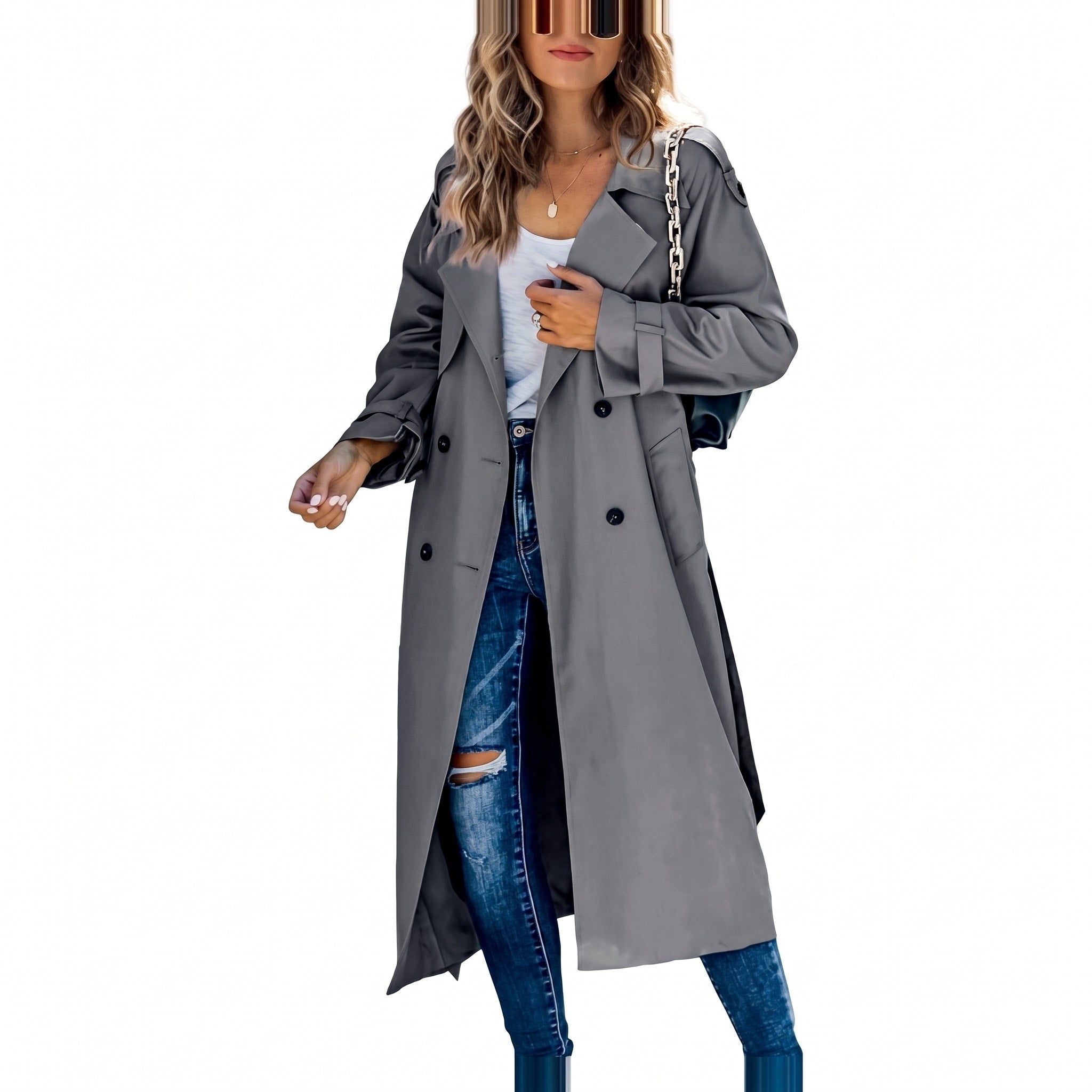 Sophie - Women's Double-Breasted Longline Trench Coat with Belted Waist