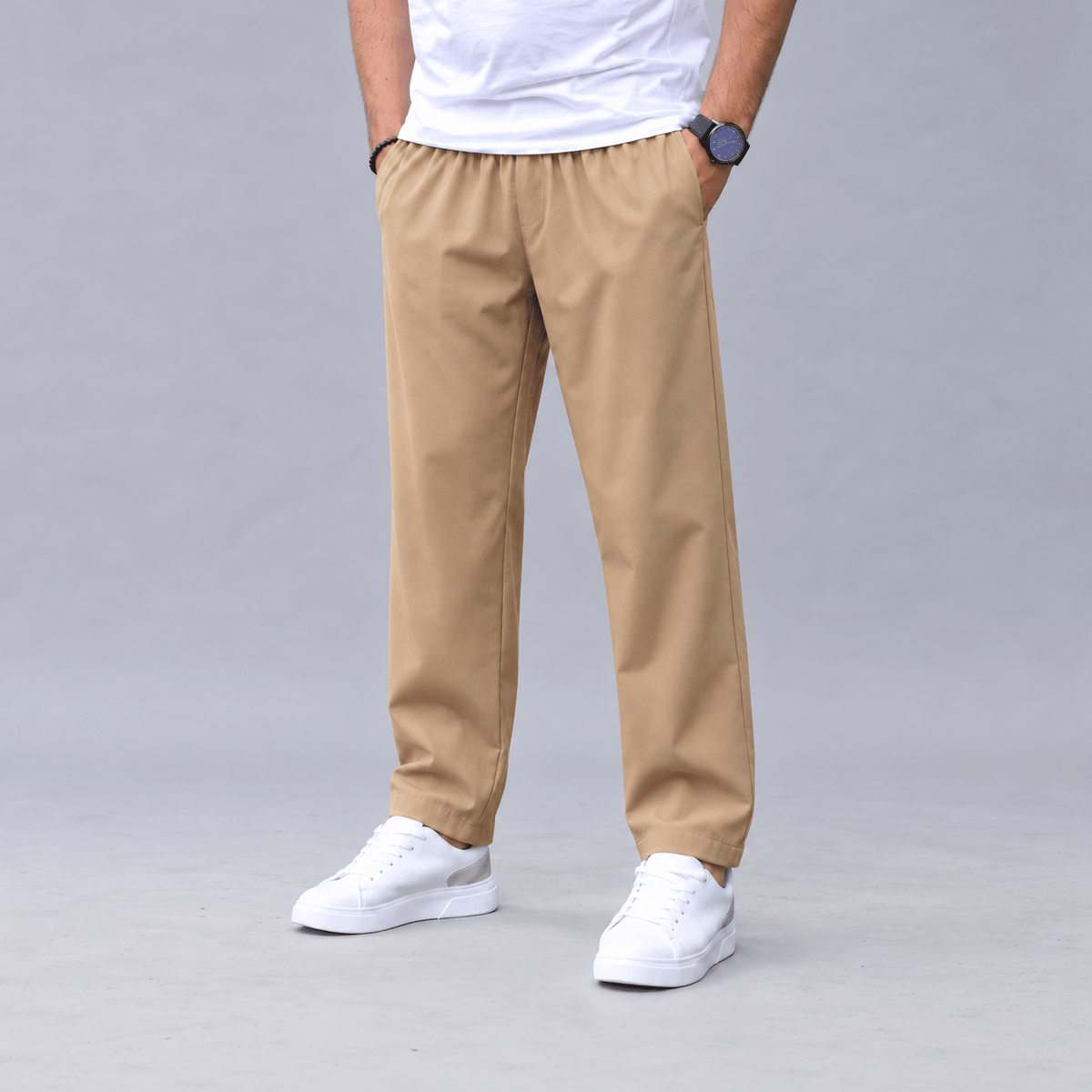 Felix - Men's Slim Tapered Jogger Trousers with Drawstring Waist - Joggers - Beige - Davies & Cooper