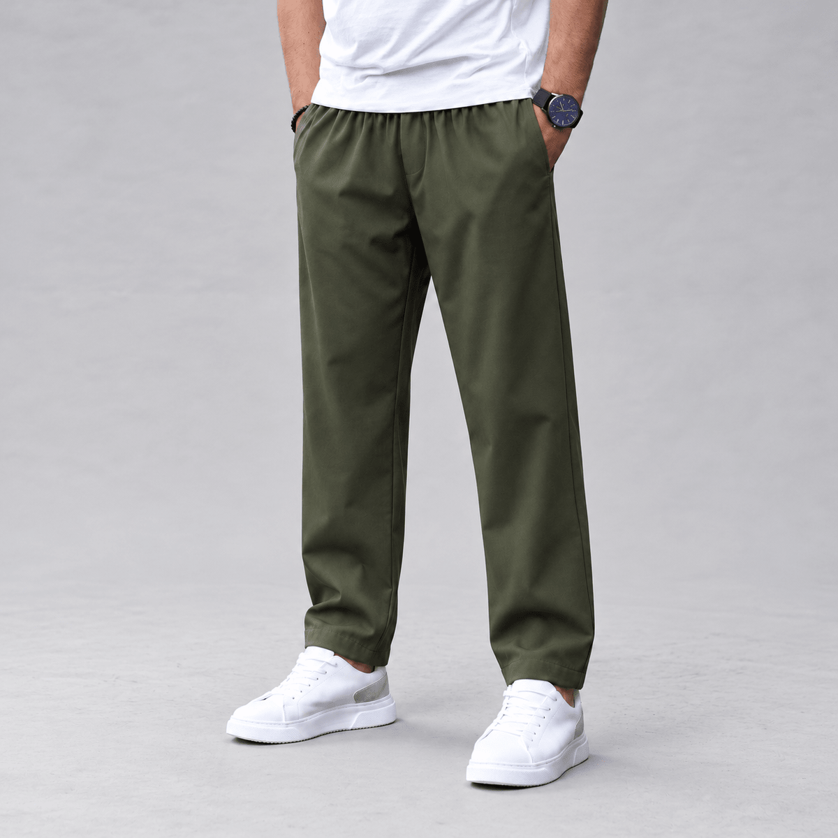 Felix - Men's Slim Tapered Jogger Trousers with Drawstring Waist - Joggers - Green - Davies & Cooper