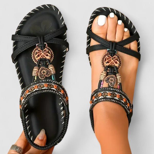 Freya - Women's Bohemian Beaded Flat Sandals with Elastic Ankle Strap