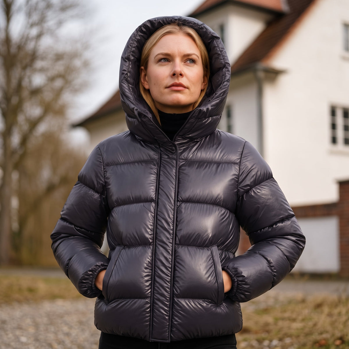 Fleur - Women's Quilted Hooded Puffer Jacket with Zip and Snap Closure - Puffer Jackets - Black - Davies & Cooper