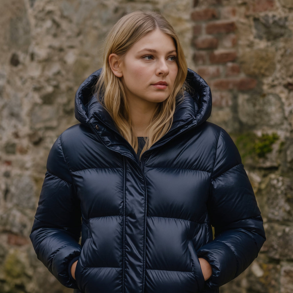 Fleur - Women's Quilted Hooded Puffer Jacket with Zip and Snap Closure - Puffer Jackets - Blue - Davies & Cooper