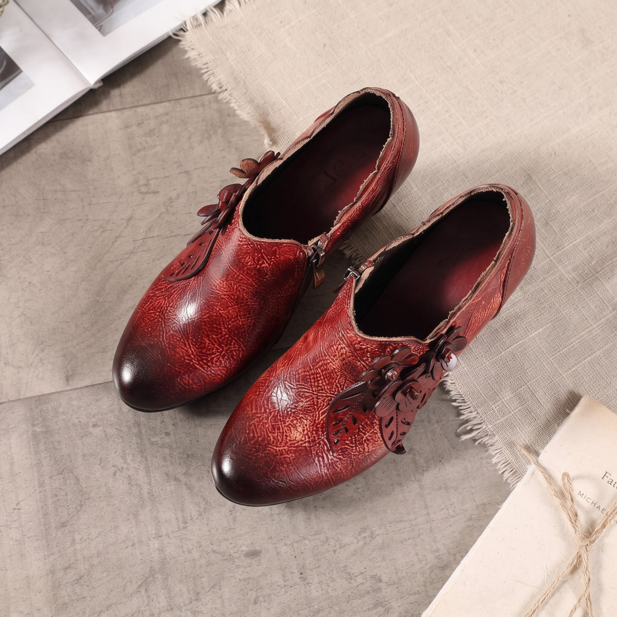 Flora - Women's Floral Applique Ankle Boots with Block Heel and Side Zip - Boots - Red - Davies & Cooper