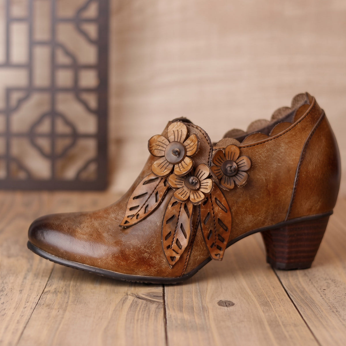 Flora - Women's Floral Applique Ankle Boots with Block Heel and Side Zip - Boots - Brown - Davies & Cooper